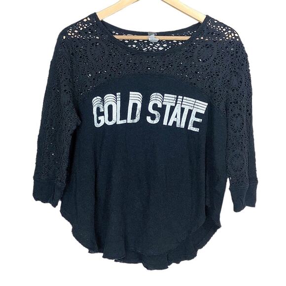 Free People Oversized Distressed Crochet Cropped Gold State T-shirt Size Small - Picture 1 of 5